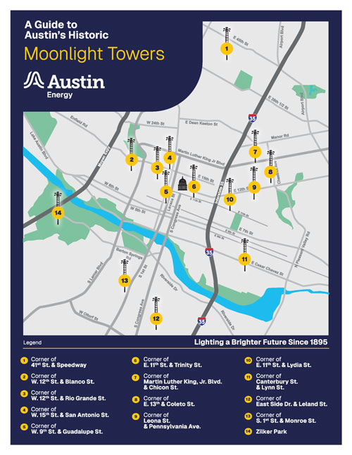 Moonlight Towers map with their locations and addresses across Austin